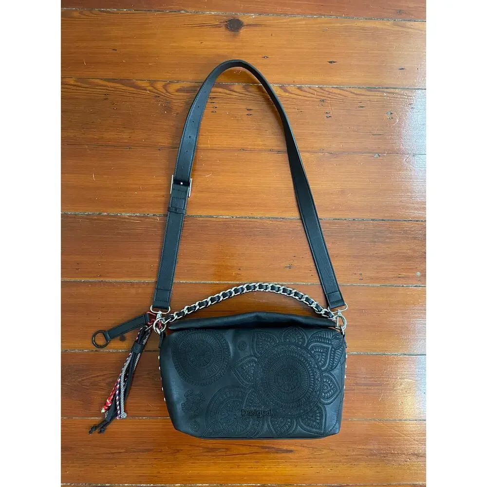 Desigual Black Embossed Mandala Chain Crossbody Shoulder Bag Tassel Boho